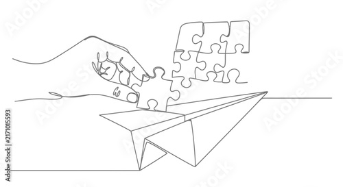 Hand Holding Puzzle Piece Above Paper Airplane Continuous Line Silhouette