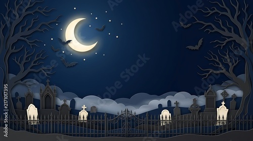 A spooky halloween graveyard scene featuring glowing ghosts behind a dark fence under a bright crescent moon in the night sky