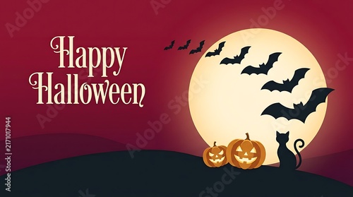 A festive happy halloween background featuring a glowing full moon with flying bats pumpkins and a black cat silhouette illustration