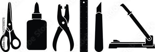 Canvas Print Stationery and craft tools silhouettes including scissors glue puncher ruler cut