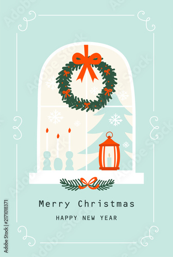 Christmas card with window scene,  wreath and lantern. Vector  Illustration