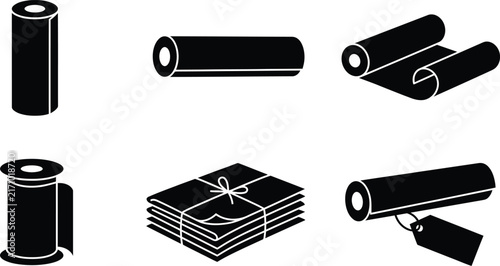 Set of black silhouette paper roll and packaging material icons including rolls stack tag