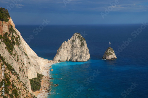 Myzithres Viewpoint in Zakynthos while sunset with a boat