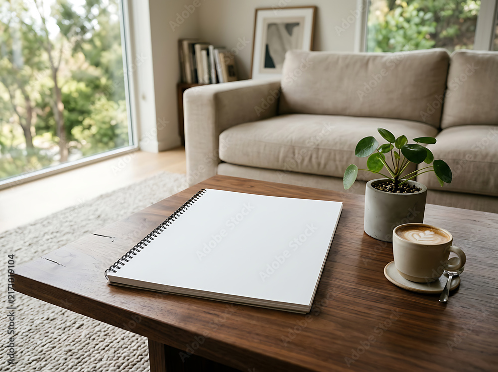 Fototapeta premium A serene living room scene featuring a blank spiral sketchbook resting on a dark wooden coffee table beside a small potted plant and coffee cup.
