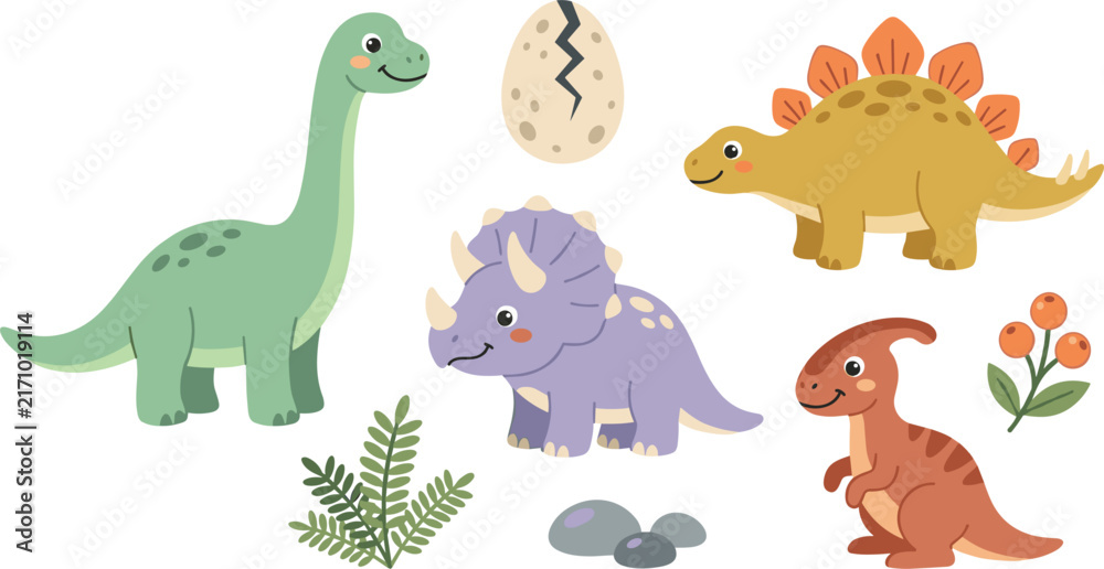 Fototapeta premium Cute Dinosaur Vector Clipart Set Featuring Brachiosaurus Triceratops Stegosaurus Parasaurolophus Cracked Egg and Botanical Elements for Nursery Wallpaper Designs