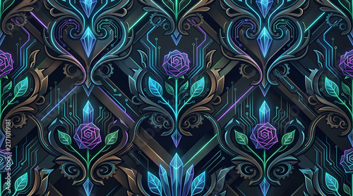 Cyberpunk Neon Rose Pattern with Circuit Lines and Crystal, Transparent Background, Isolated on White