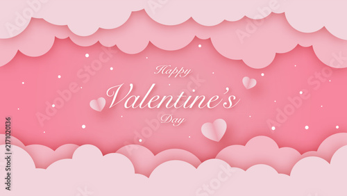 Valentine's day pink cloud background with hearts. Paper cut style.