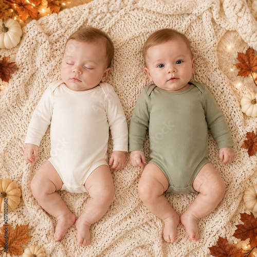 Adorable twin babies lying together on a cozy blanket surrounded by autumn leaves and pumpkins, exuding warmth.
