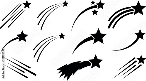 Shooting Star Silhouette Vector Icon Set Featuring Falling Stars Comets and Meteor Trails Isolated on White Background for Magic Astronomy Designs