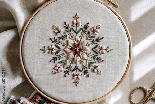 Handcrafted Christmas snowflake embroidery design in wooden hoop with red berries and gold beads on linen fabric.