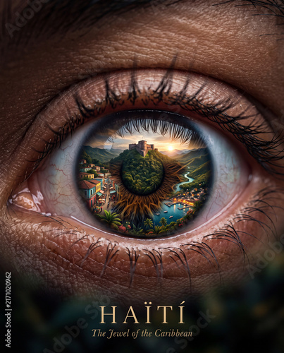 Eye reflecting Haiti's scenic landscapes - ideal for cultural, travel