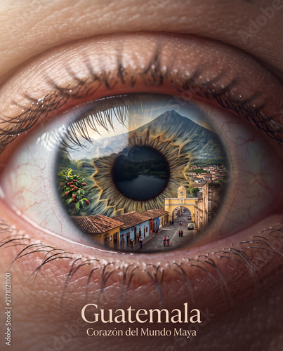 Close-up of eye with Guatemalan scenery reflected