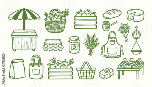 Hand drawn farmers market and local food doodle set. Sketch organic vegetable, fruit, farm stall and eco shopping outline vector illustration.