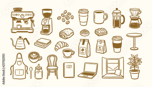 Hand drawn coffee shop and cafe doodle set. Sketch barista equipment, espresso machine, pastry and morning cup outline vector illustration.
