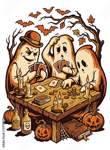 Vintage Ghosts Playing Cards at Wooden Table