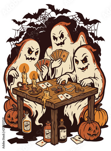 Vintage Ghosts Playing Cards at Wooden Table