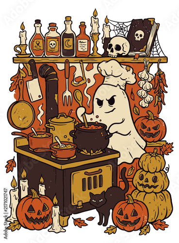Vintage Chef Ghost Cooking Potion at Old Stove