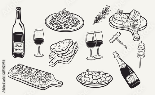 Hand-Drawn Italian Wine and Gourmet Food Collection with Red Wine Bottles, Cheese, Pasta, Bread, Charcuterie, Grapes, and Appetizer Illustrations