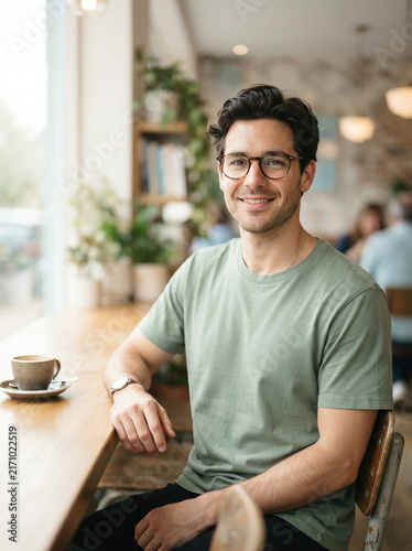 Man in a green shirt seated at a wooden cafe counter beside a bookshelf