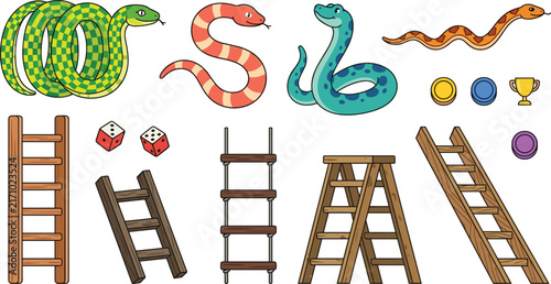 Colorful Snake and Ladder Board Game Illustration Set with Dice, Game Pieces, Wooden Ladders and Cartoon Snakes for Family Entertainment