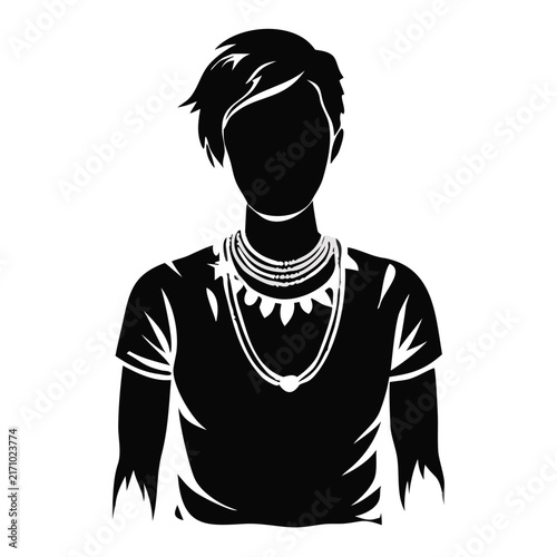 Person wearing bold statement necklace posing on white background for jewelry design blogs fashion accessory websites and modern silhouette art