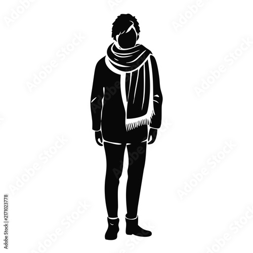 Person wearing thick knitted winter scarf standing on isolated white background for seasonal fashion blogs autumn clothing websites and lifestyle design