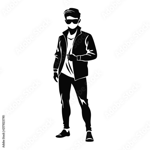 Person with dark sunglasses and jacket in black and white vector silhouette style for modern fashion blogs, cool lifestyle websites, and music art