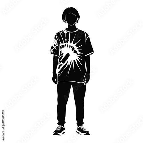 Person wearing a tie dye t-shirt in black and white vector silhouette style for youth culture blogs, streetwear websites, and retro fashion art