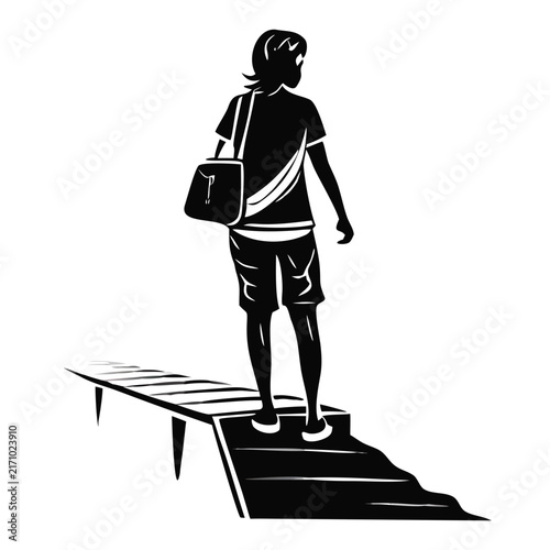 Person walking along wooden boardwalk pier with shoulder bag vector illustration for travel blogs websites and lifestyle content