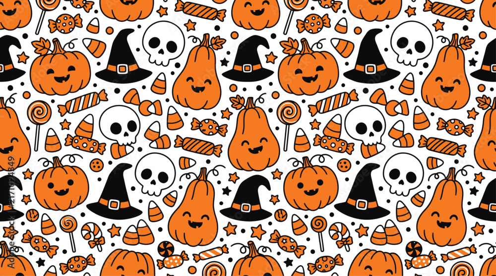 Fototapeta premium Seamless halloween pattern with pumpkins skulls and witch hats background