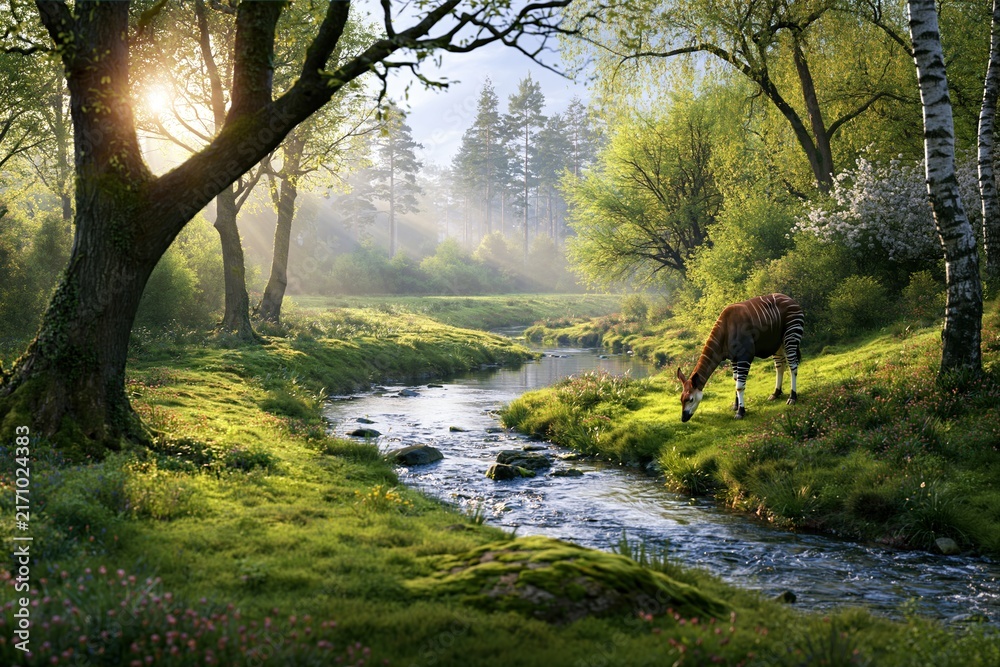 Fototapeta premium Okapi grazing in a mystical forest by the stream during golden morning light