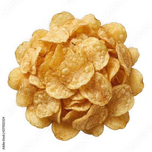 Crispy Potato Chips Piled Naturally, Golden Snack Food Arrangement. Appetizing Texture, Delicious Treat