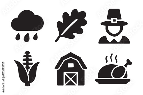 thanksgiving icons set black silhouettes on white background