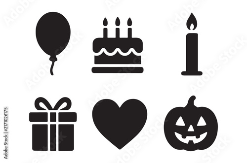 Celebration icons set balloon cake candle gift heart and pumpkin