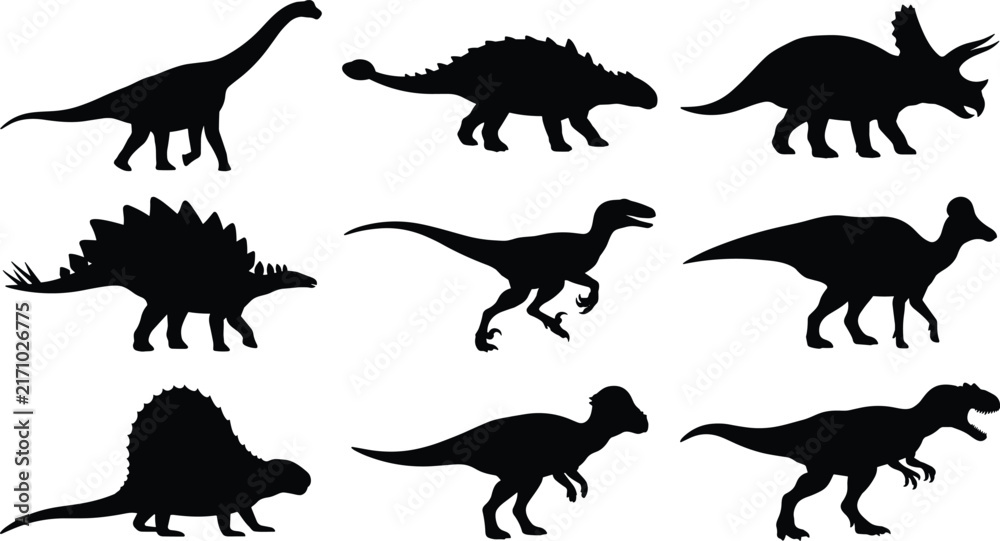 Fototapeta premium Dinosaur Silhouette Icon Set featuring Tyrannosaurus Rex Brachiosaurus Triceratops and Prehistoric Animals