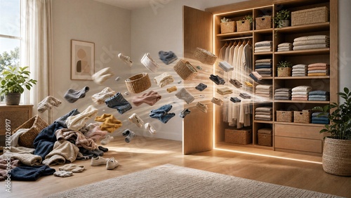 Home storage transformation concept with messy items flowing into arranged shelves, baskets and folded textiles in modern wardrobe.