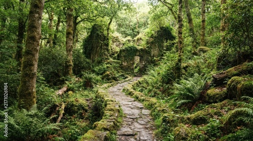 Stone pathway winding through a lush green ancient forest.