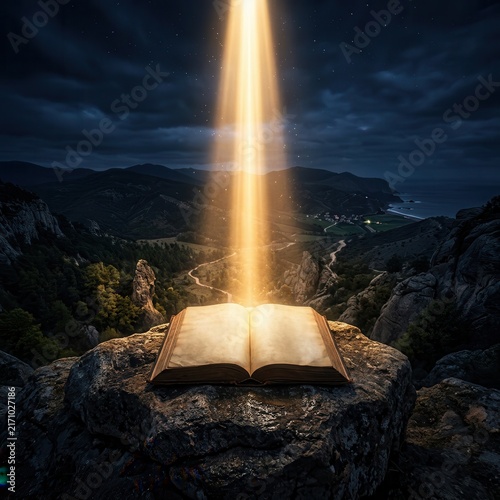 a ray of light shines on an open book lying on a rock with empty pages