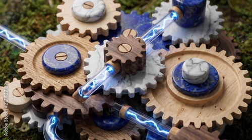Detailed close-up of a complex mechanical gear system crafted from wood, marble, and lapis lazuli with glass tubes containing glowing blue electrical plasma energy