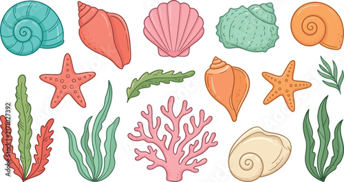 Cute Sea Shells and Colorful Coral Reef Vector Illustration Set with Starfish and Marine Plants for Summer Beach Designs and Patterns