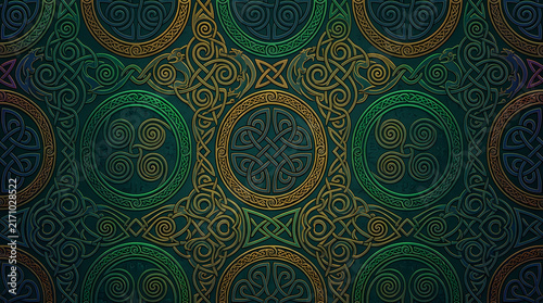 Intricate Green and Gold Celtic Knotwork Pattern, Transparent Background, Isolated on White Design