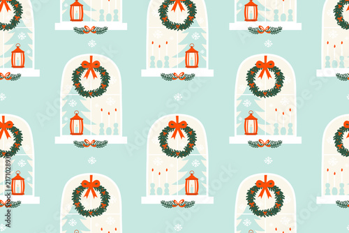 Christmas seamless pattern with window scene, wreath and lantern. Vector  Illustration
