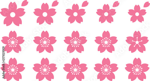 Pink Cherry Blossom Flower Vector Silhouette Icon Set Featuring Sakura Blooms and Petals Isolated on White Background for Spring Floral Greeting Card Designs