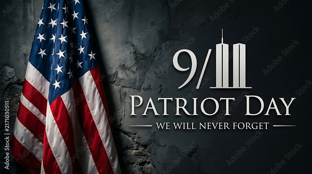 Fototapeta premium Patriot day text with American flag and destroyed buildings icon, we will never forget message for memorial events and national holidays, 9/11 remembrance.