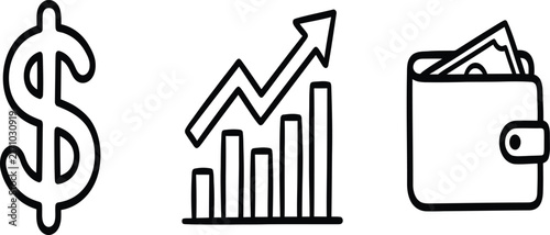 Linear Finance and Wealth Growth Icons Set Featuring Currency Symbol Business Chart and Leather Wallet