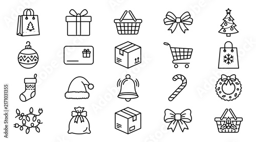 Christmas shopping icon set. Holiday sale symbols. Online store badges. Gift shopping bag, box, tree, stocking, bow, present, card, ornament, candy cane, wreath, bells
