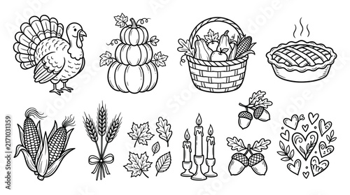 Thanksgiving doodle vector set, autumn harvest line art elements, hand drawn turkey and pumpkin coloring page illustrations
