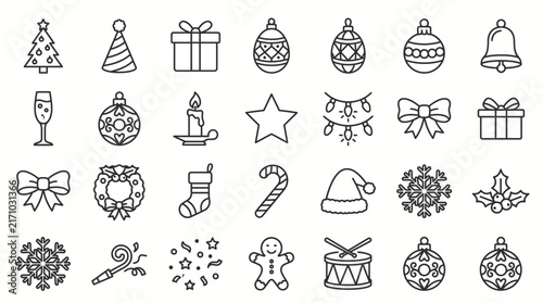 Christmas line icons set, holiday outline vector elements, winter celebration thin line symbols for festive graphic design