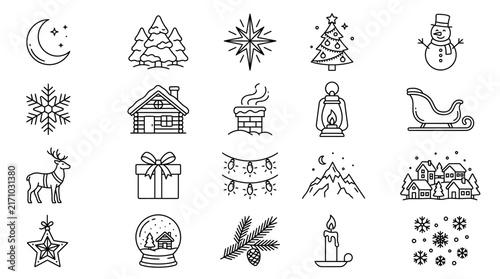 Minimalist Christmas line icons set, winter holiday vector elements, simple outline festive symbols for seasonal design