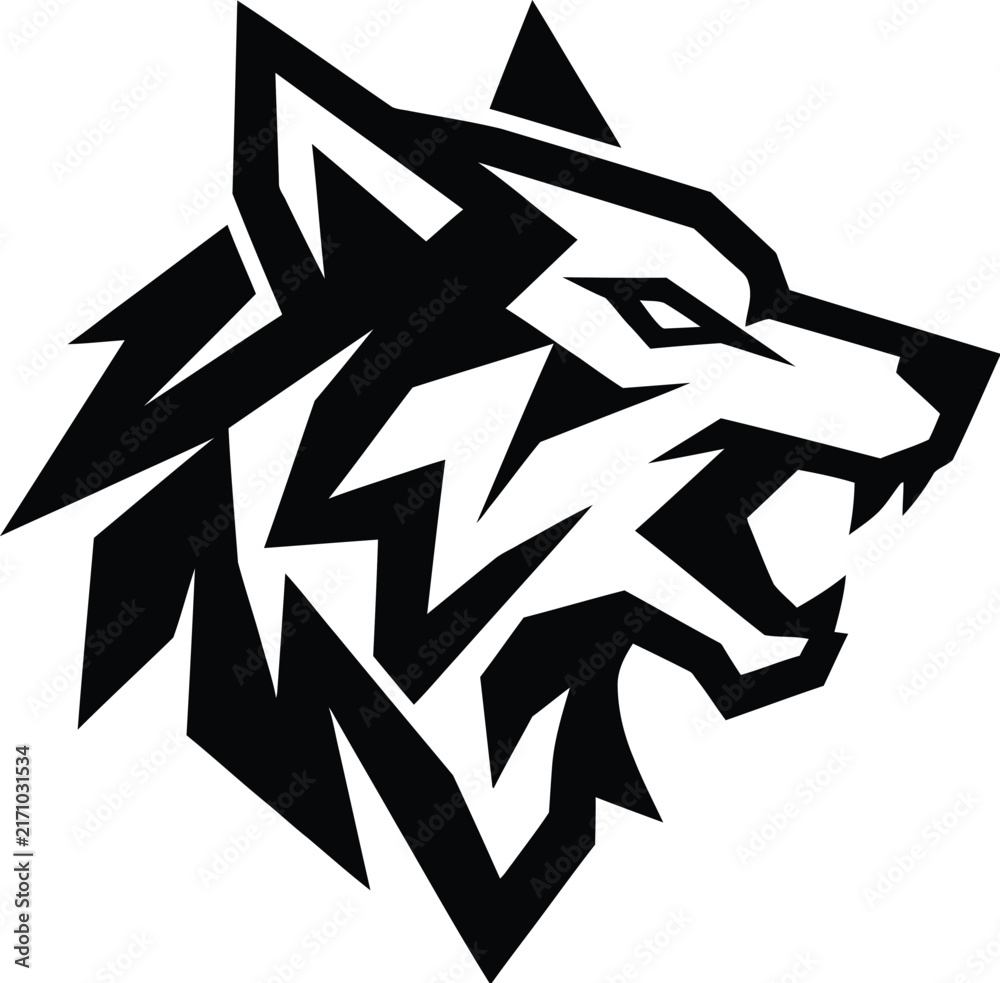 Fototapeta premium Geometric wolf head mascot, aggressive black and white predator vector, sharp angular canine profile for gaming and sports logos